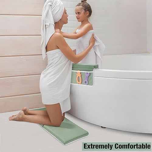 PandaEar Baby Bath Kneeler & Elbow Rest Pad, Comfortable Non-Slip Kneeling Mat Cushion with Toy Organizer Storage Pockets, Foldable Foam Mat for Toddler Bathroom Bathing Time (Green)