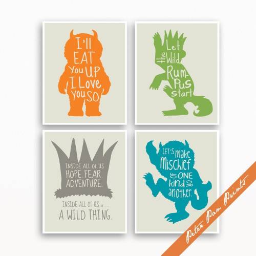 Wild Things Wall Art Quotes Set of 4 Unframed Art Print (Carrot, Green, Gravel, Ocean on Fog) Wild Things Baby Shower