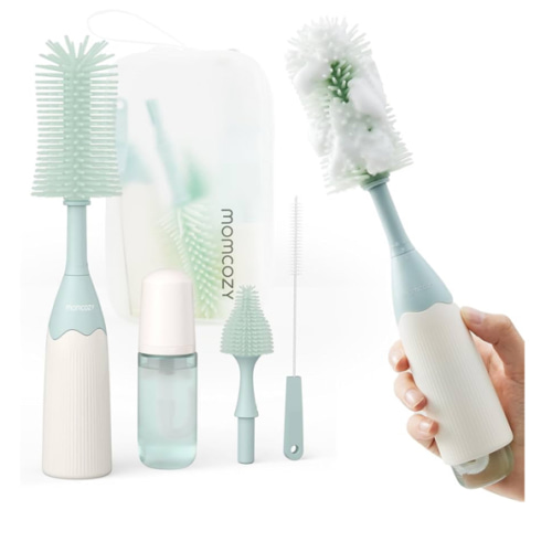 Momcozy Bottle Brush Kit, Innovative Push-Press Design for Better Cleaning - Baby Bottle Cleaner Brush for Baby Bottle, Breast Pumps, Nipples, and More - Can Generate Foam for Better Cleaning, Green