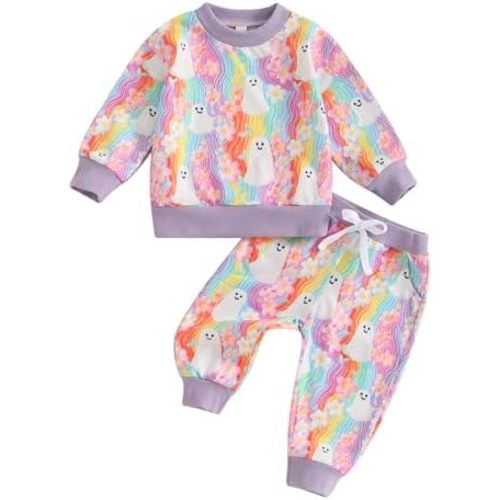 Toddler Baby Girl Halloween Outfit Spooky Sweatshirt Floral Rainbow Long Sleeve Top Pants Fall Winter Clothes