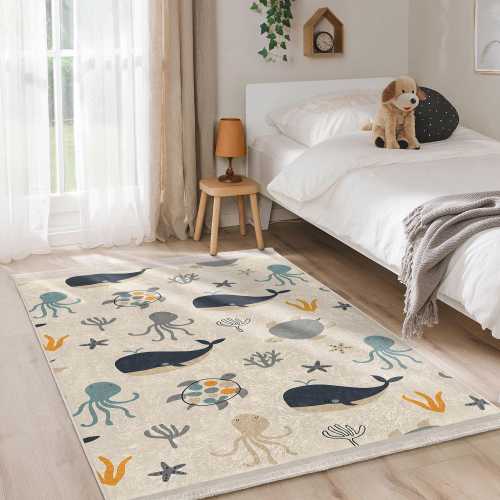 Undersea Creatures Kids Room Rug - Sea Life Octopus Whale Nursery Decor-Playful Childhood Carpet-Nautical Ocean Theme Washable Anti-Slip Mat