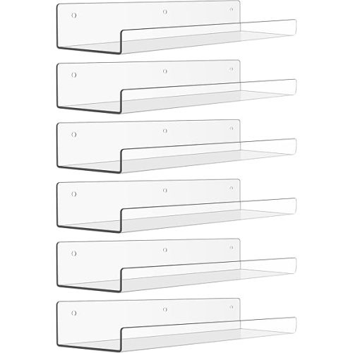 upsimples 6 Pack Acrylic Shelves for Wall Storage, 15" x 4“ Floating Bookshelves for Kids, Display Shelf Organizer for Bathroom, Bedroom, Living Room, Kitchen, Room Decor, Clear