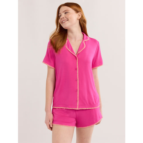 Joyspun Women’s Short Sleeve Notch Top and Shorts Pajama Set with Blanket Stitching, Sizes XS-3X