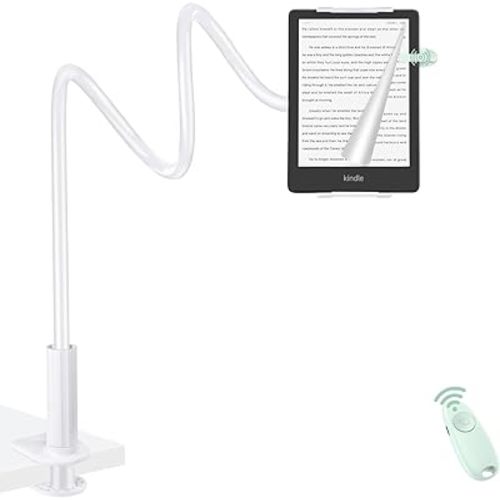 Gooseneck Tablet Holder for Kindle with Remote Page Turner, Lazy Arm Stand for Kindle Paperwhite Colorsoft, Reading in Bed with Remote for Kindle Accessories, Gift for Men Women Readers Bedside