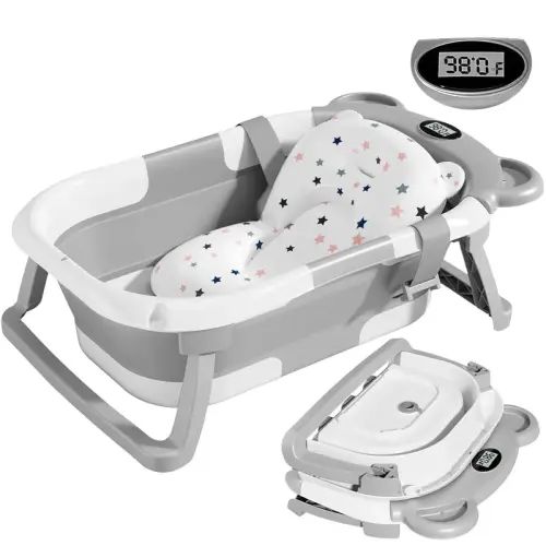 TinyGo Collapsible Baby Bathtub with Thermometer Floating Cushion - TikTok Shop