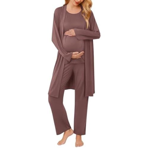 Ekouaer Maternity Nursing Robe Set 3 Pieces Sleeveless Top, Pregnancy Pants & Robe Double Layer Pajamas S-XXL
