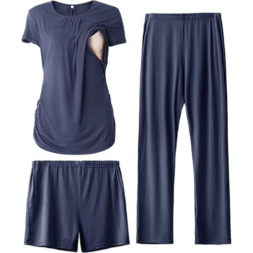 SUNNYBUY Womens Maternity Nursing Pajamas Set, Short Sleeve Breastfeeding Shirts，Pregnancy Shorts & Pants 3 Piece Nursing PJS