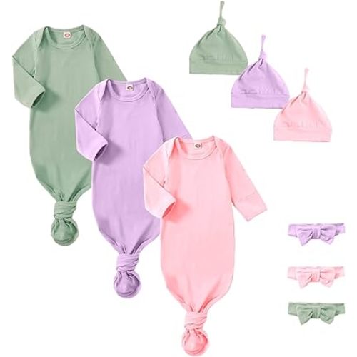 OPAWO Newborn Baby Knotted Gowns with Mitten Cuffs and Hat Baby Sleeper Gowns Coming Home Outfit for Baby Boy Girl 0-6 Months - Green/Pink/Purple