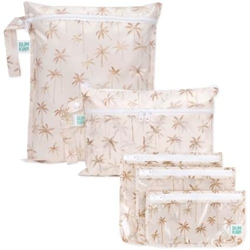 Bumkins - Waterproof Wet Bag, Wet/Dry Clutch & Clear Travel Bags - For Beach, Baby, Travel, Cloth Diapers, Pump Parts, Pool, Gym, Toiletries - Reusable & Easy to Clean - Palm Trees - 5 Pack
