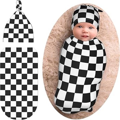 Black White Checkered Baby Swaddle Blanket Beanie Set, Soft and Stretchy Checkered Newborn Blanket Sleep Sack Gift for Boy and Girl