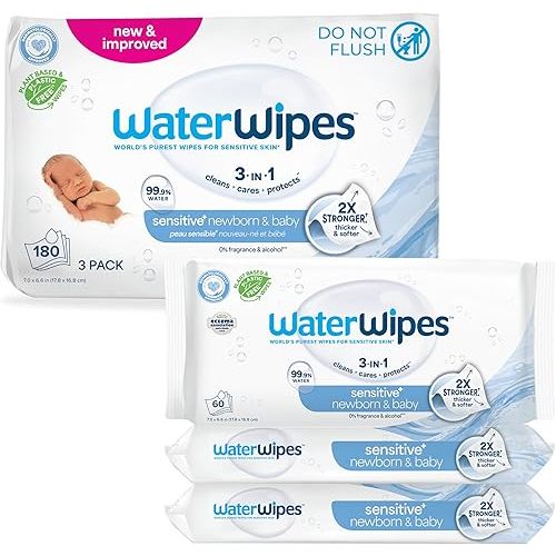 WaterWipes Sensitive+ Newborn & Baby Wipes, 3-In-1 Cleans, Cares, Protects, 99.9% Water, Unscented & Hypoallergenic, 180 Count (3 Packs)
