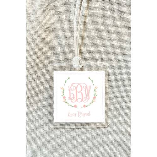 Personalized Floral Monogram Crest Bag Tag, Laminated Square Girl Luggage Tag, Diaper Bag Tag