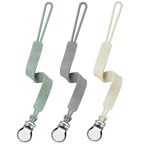 Silicone Pacifier Clip, Seposeve Pack of 3 Baby Pacifier Teether Clip with 4 Texture, Soft Flexible Silicone Pacifier Leashes & Cases for Boy and Girl, Keeps Pacifier Clean, Green Grey White