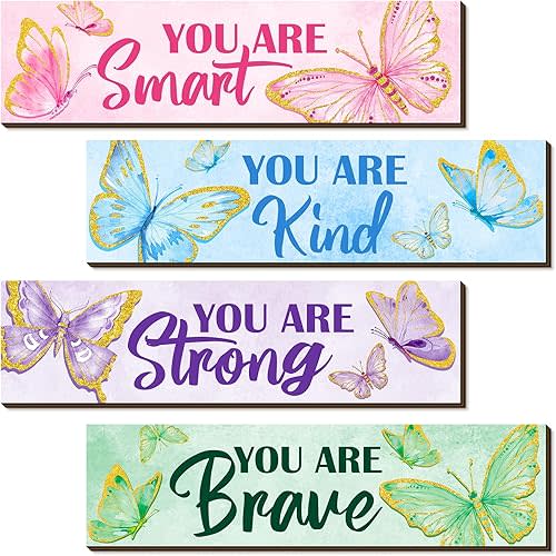 Geetery 4 Pcs Butterfly Inspirational Quote Wooden Sign Bedroom Wall Decor for Men Women Rainbow Room Art Decor Aesthetic Wooden Hanging Wall Sign for Daughter Son Nursery 11.81 x 3.15 Inch