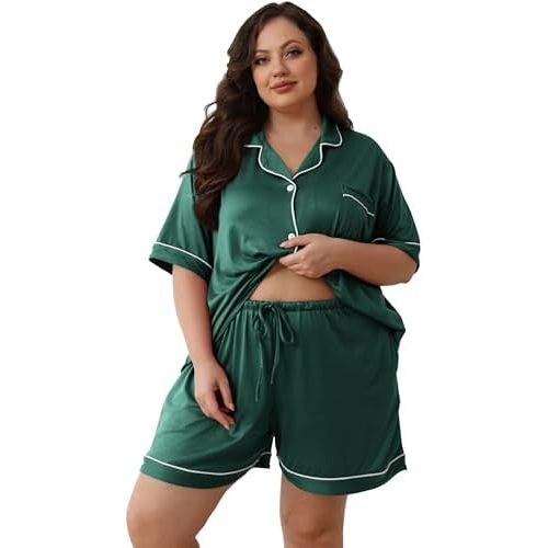 Women Plus Size Pajamas Button Down Short Sleeve Top & Shorts Lounge Sets Outfit Summer Soft Pj Bride Sleepwear