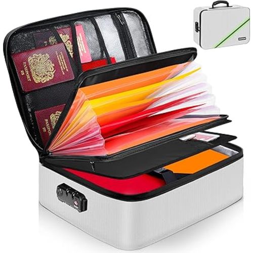 Noiposi Document Organizer with Lock, 15.0"x11.0"x4.3" Waterproof & Fireproof Document Box, Portable Home Safe Storage for Important Files, Silver