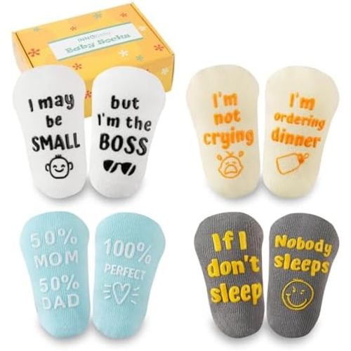 InnoBeta Baby Socks Set with Funny Quotes (4 Pairs) Newborn/Infant Socks for Baby Shower, Gender Reveal 3-12 Months