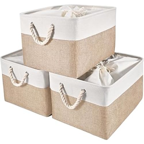 HOdo Home 15.8×11.8×9.5 In/3PCS Fabric Storage Bins with Drawstring Closure and 2 Bold Handles, Collapsible Large Cubes Canvas Baskets for Organizing Shelf Nursery Home Closet (White and Yellow)