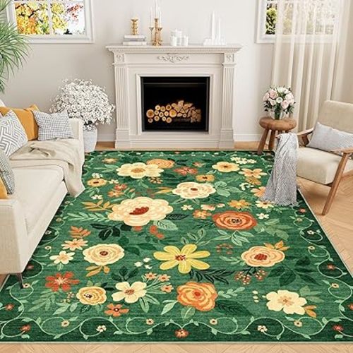 DUKINO 4x6 Area Rug, Lightweight Non Slip Washable Floral Rug, Indoor Low Pile & Non-Shedding Boho Design Rugs for Bedroom, Living Room, Dining Room, Dark Green