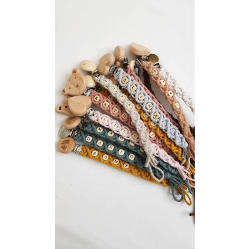 Macrame pacifier chain oeko tex Standard 100 certified. NATURAL PRODUCT pacifier chain with name gift for birth
