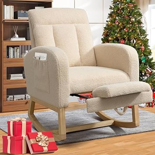 Nursery Rocking Chair with Adjustable Footrest for Living Room,Modern Accent Upholstered Glider Rocker Indoor Baby Room,Comfy Lounge Armchair with Wooden Legs Side Pocket High Back,Beige