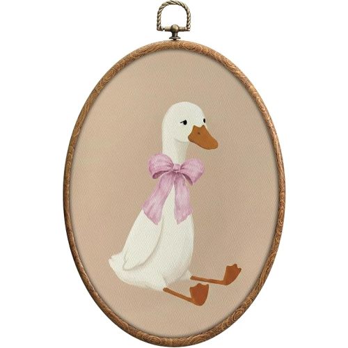 Silly Goose Vintage Oval Wall Art, Pink Bow Nursery Cottage Core Wall Decor, Vintage Decor for Home, Cottage Core Home Decors, Waterproof Small Framed Art, Living Room Bedroom Hanging Decors, 19