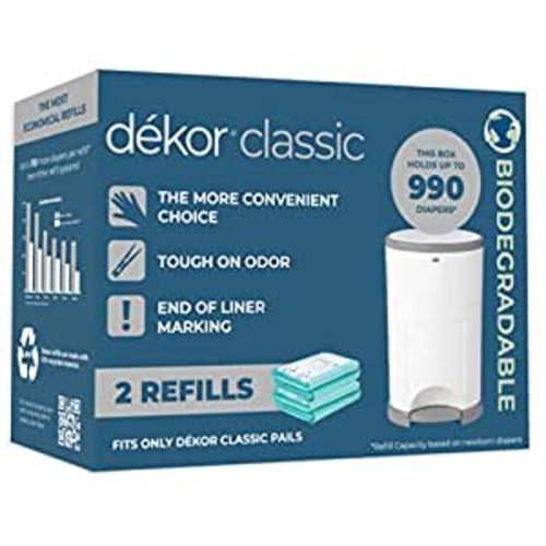 Dekor Classic Diaper Pail Biodegradable Refills | 2 Count | Most Economical Refill System | Quick and Simple to Replace | No Preset Bag Size – Use Only What You Need | Exclusive End-of-Liner Marking - 2 Count (Pack of 1)