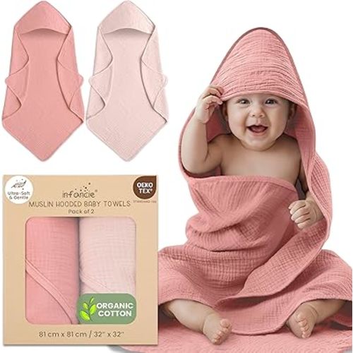 Organic Cotton Hooded Baby Towels for Girls - Ultra Soft Muslin Baby Bath Towels for Newborn, Infant & Toddler - Absorbent Baby Girl Towels with Hood (2 Pack)