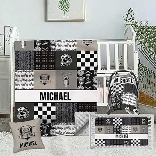 Custom Name Baby Crib Bedding Sets for Baby Boys, Personalized Motorcycle 2 Piece Baby Sets, Minky Dotted Backing Blanket, Fitted Sheet, Nursery Baby Sets for Newborn Toddler Infant