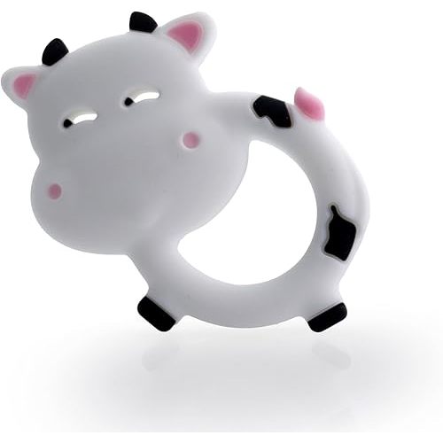 Baby Cow Teething Toy for 3-12 Months Soft Chewable Infant Teething Ring Cute Shape Design with Textured Surface Easy-to-Hold & Easy Clean (White)