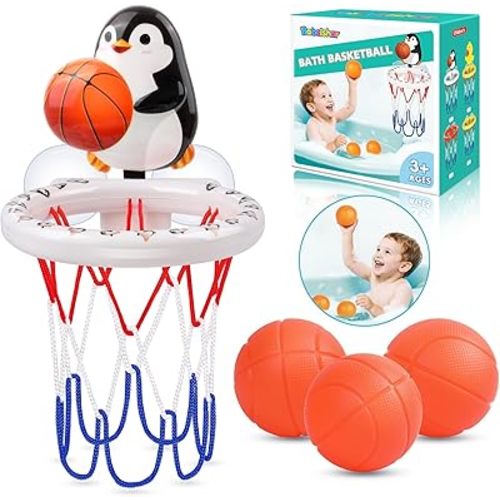 Bath Toys, Bathtub Basketball Hoop for Toddler Kids, 3 Soft No Hole Balls & Bath Basketball Hoop with Strong Suction Cup, Black & White Penguin Baby Shower Bath Toys Set for Boys and Girls