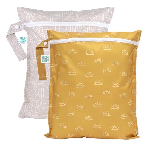 Bumkins Waterproof Wet Bag for Baby, Travel, Swim Suit, Cloth Diapers, Pump Parts, Pool, Gym, Toiletry, Strap to Stroller, Daycare, Zip Reusable Bag, Wetdry Packing Pouch, 2-pk