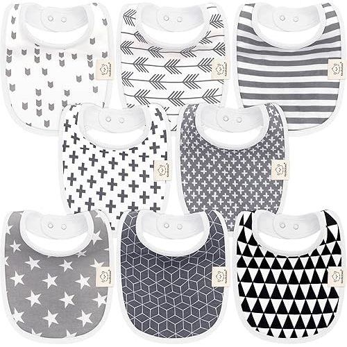 8-Pack Organic Baby Bibs for Boys, Girls - Soft Cotton Drooling and Teething Baby Bibs, Baby Girl Bibs, Baby Boy Bibs, Baby Drool Bibs for Baby Girl, Boy, Newborn Infant Bibs (Grayscale)