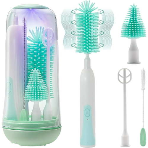 Electric Bottle Brush Cleaner, Rechargable Electric Baby Bottle Brush for Travel, Waterproof Electric Bottle Cleaner Set with Nipple & Straw Brush, Perfect Essentials Gift for Mom After Birth, Green