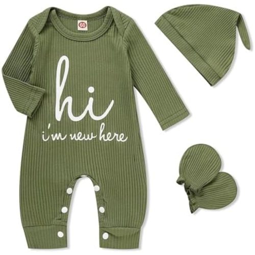 GRNSHTS Newborn Baby Boy Romper Coming Home Outfits Letter Print Bodysuit Jumpsuit+Hat+Gloves 3PCS Clothes Set