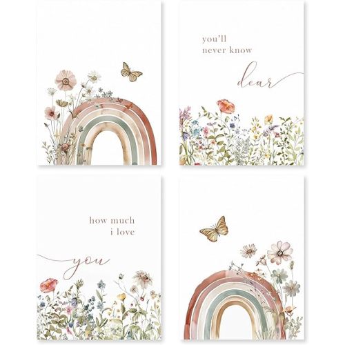 HRQKO Wildflower Girl Decor Poster Prints Set of 4, Baby Girl Nursery Decor, Boho Rainbow Nursery Decor Artwork Print Poster Wall Decor, You’ll Never Know Dear Decor for Girls Room 12”x16”Unframed
