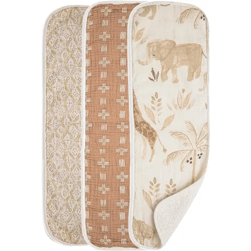 Crane Baby Muslin Baby Burp Cloths, Lightweight Absorbent Burp Cloth, Safari Animal, Set of 3, 7" x 20", Newborn Baby Essentials, Burp Cloths Baby Boy, Burp Cloths Baby Girl, Baby Newborn Essentials