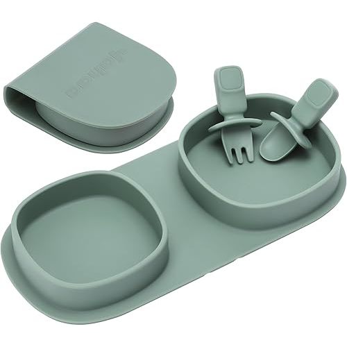 Toddler Plates Travel Essential on the go,Baby Plates with Forks and Spoons Self Feeding 6 months,Foldable,Silicone,BPA Free,Sage