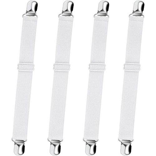 Bed Sheet Straps, Sopito Adjustable Elastic Fitted Sheet Straps Fasteners Non Slip Mattress Clips to Keep Sheets On for Crib to King Size Bed, White 4Pcs
