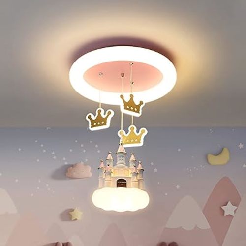 Pink Castle Kids Celling Lamp Cartoon Cloud Resin Chandelier Modern Castle Crown with Acrylic Lampshade Mini Chandelier for Child Bedroom,Girls Room Living Room,Dining Room