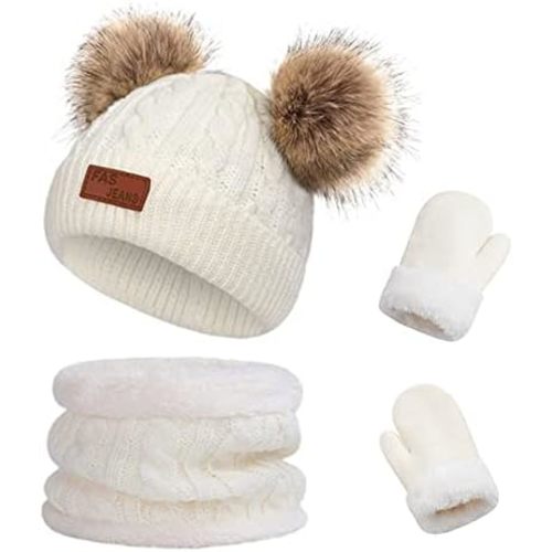 Duoyeree Baby Winter Hat Scarf Glove Beanie Set Girls Boys Pom Pom Knitted Beanie Mitten Scarves for Toddler 0-3T