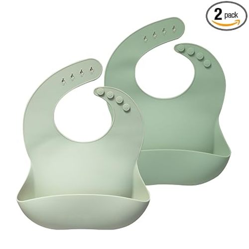 Moonkie Silicone Baby Bibs Set of 2, BPA Free Waterproof Baby Bibs for Eating, Soft Adjustable Silicone Bibs for Babies 6-12 Months, Toddler Bibs with Pocket Food Catcher (Frosted Mint/Celadon Green)
