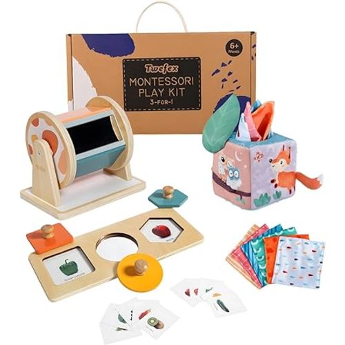 Montessori Toys for Babies 6-12 Months - 3 in 1 Baby Toys Play Kit - Medium Spinning Drum - Baby Tissue Box Toy - Peekaboo Knob Puzzle with Cards - Learning Educational Toy for Boys and Girls