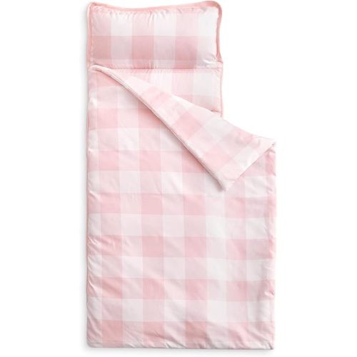 Wake In Cloud - Toddler Nap Mat with Pillow and Blanket, for Kids Boys Girls in Kindergarten Daycare Preschool Pre K, Roll Up Sleeping Bag, Gingham Plaid Grid Checkered, Light Pink White, Extra Long