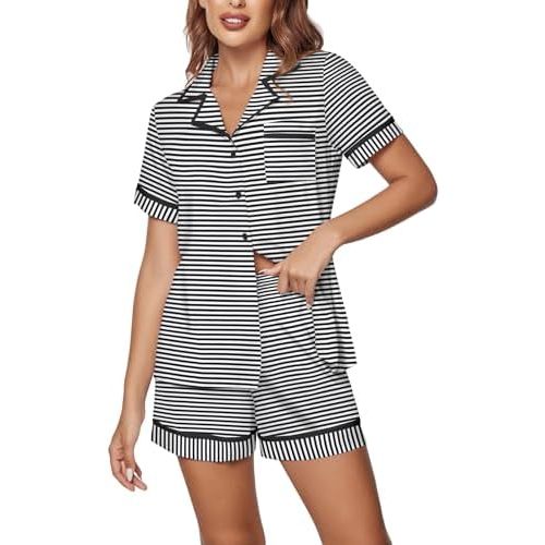 Ekouaer Women's Pajama Sets 2 Piece Short Sleeve Button Down Tops and Pants Pj Set V Neck Sleepwear Loungewear Chest Pocket