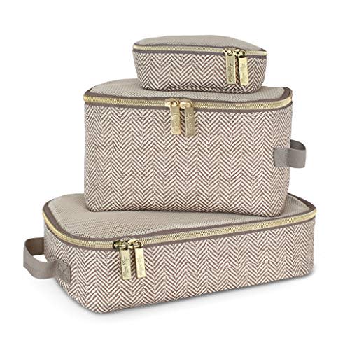 Itzy Ritzy Packing Cubes for Travel – Set of 3 Packing Cubes or Travel Organizers; Each Travel Cube Features a Mesh Top, Double Zippers and a Fabric Handle (Taupe)