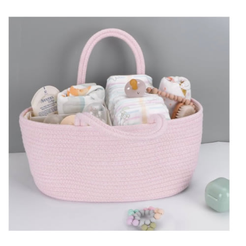 Baby Diaper Caddy Organizer for Girl Boy Rope Nursery Storage Bin Basket Portable Holder Tote Bag for Changing Table Car Travel Baby Shower Gifts Newborn Essentials Registry Must Have Items Pink