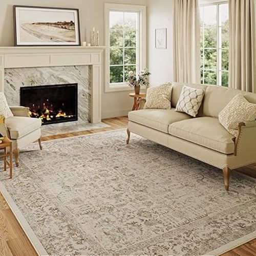 Light Brown Area Rug 5x7 Machine Washable Vintage Living Room Distressed Non Slip Carpet Traditional Indoor Bedroom Retro Floral Accent Throw Large Rug Office Kitchen Bathroom Dining Room