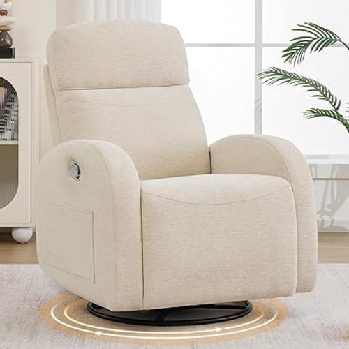 Swivel Rocker Recliner, Manual Swivel Recliner with Adjustable Headrest, Glider Rocking Reclining Nursery Chairs for Small Space, Living Room, Bedroom, Chenille Camel