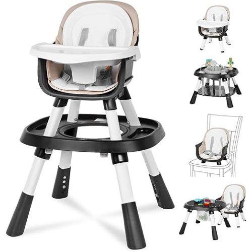 15 in 1 Baby High Chair, Convertible HighChair for Babies and Toddlers with Activity Play Center/Infant Dining Booster Seat/Building Block Table, Safety Harness&PU Cushion Feeding Chair, Black